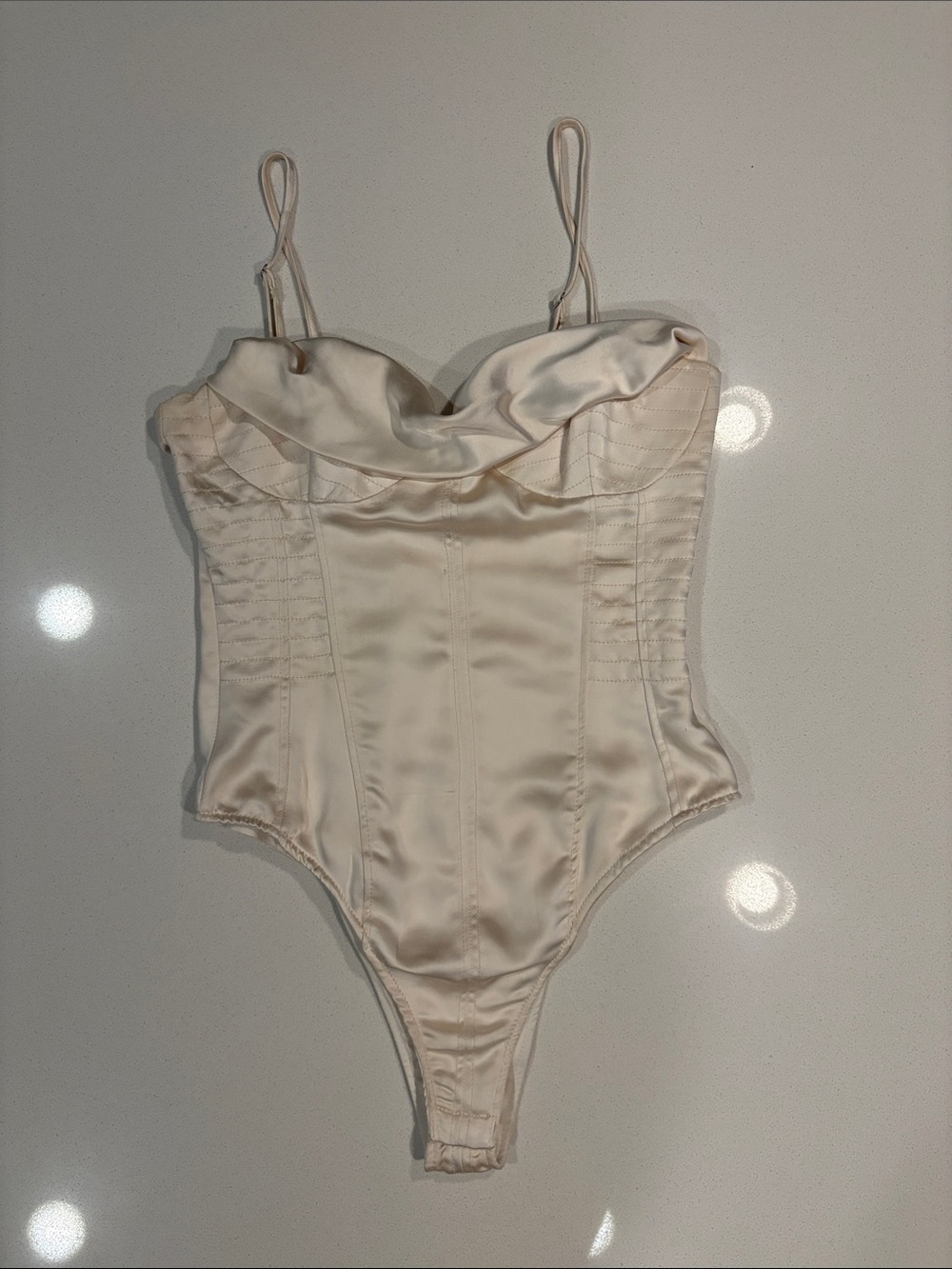 Zara Cream Satin One-Piece Bodysuit with cowl neckline.